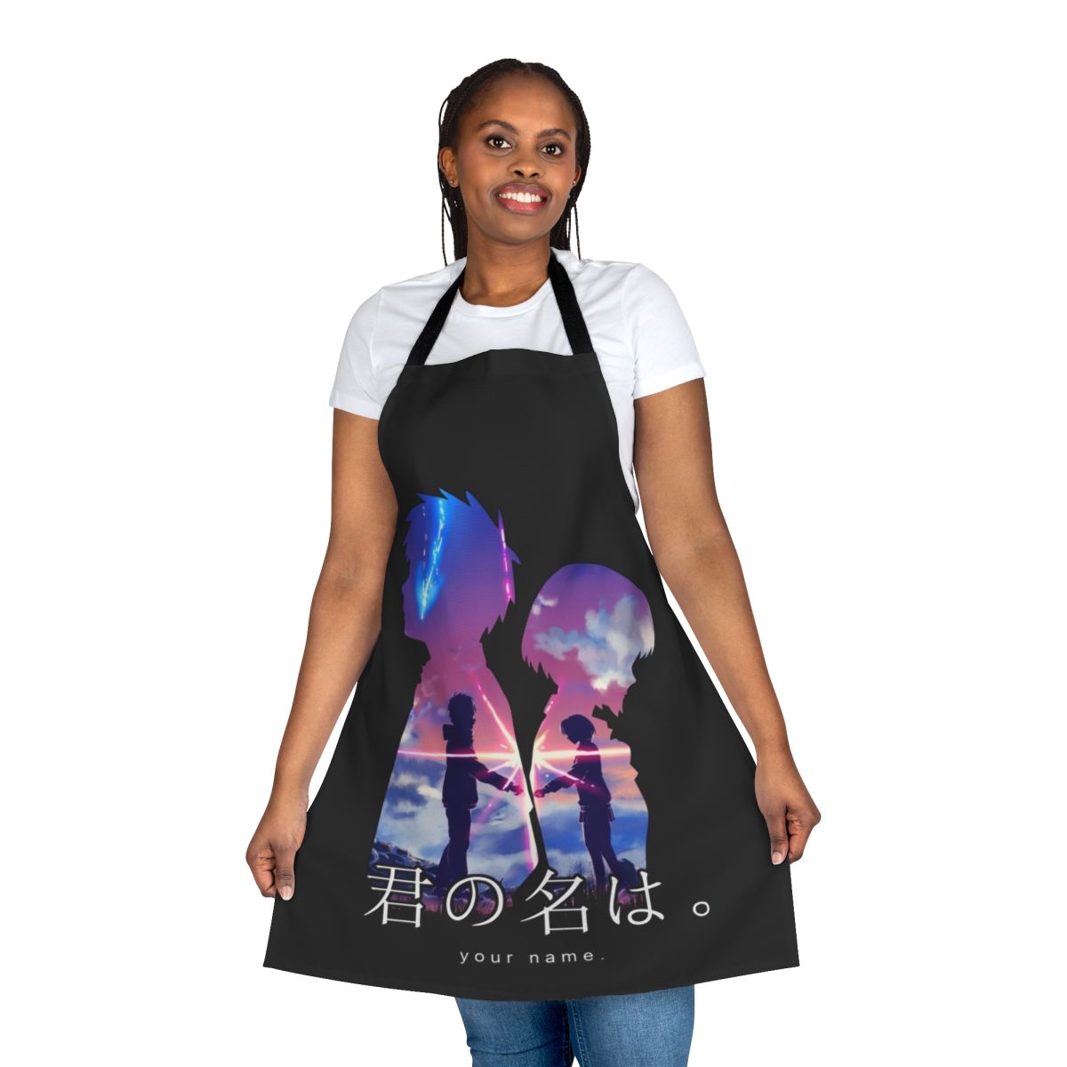 Anime-themed apron featuring characters from the popular Japanese film "Your Name"