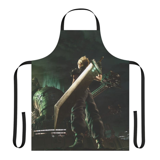 Anime-inspired apron featuring Cloud Strife and the Shinra Corporation from Final Fantasy VII
