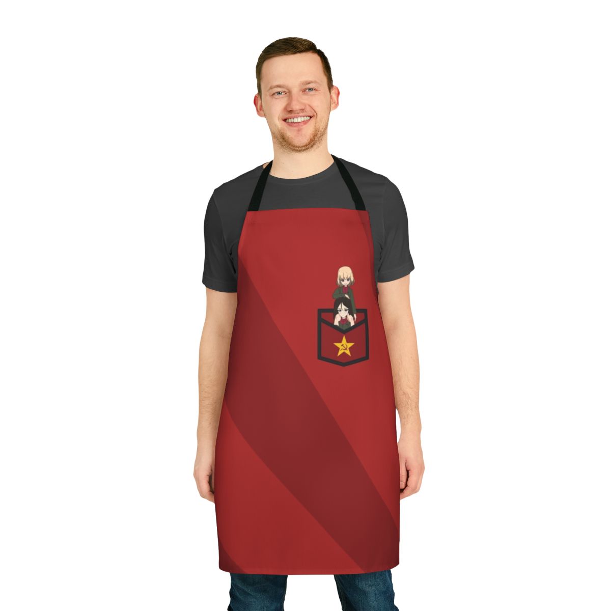 Anime-inspired apron with illustrations of Katyusha and Nonna, characters from the Girls und Panzer series