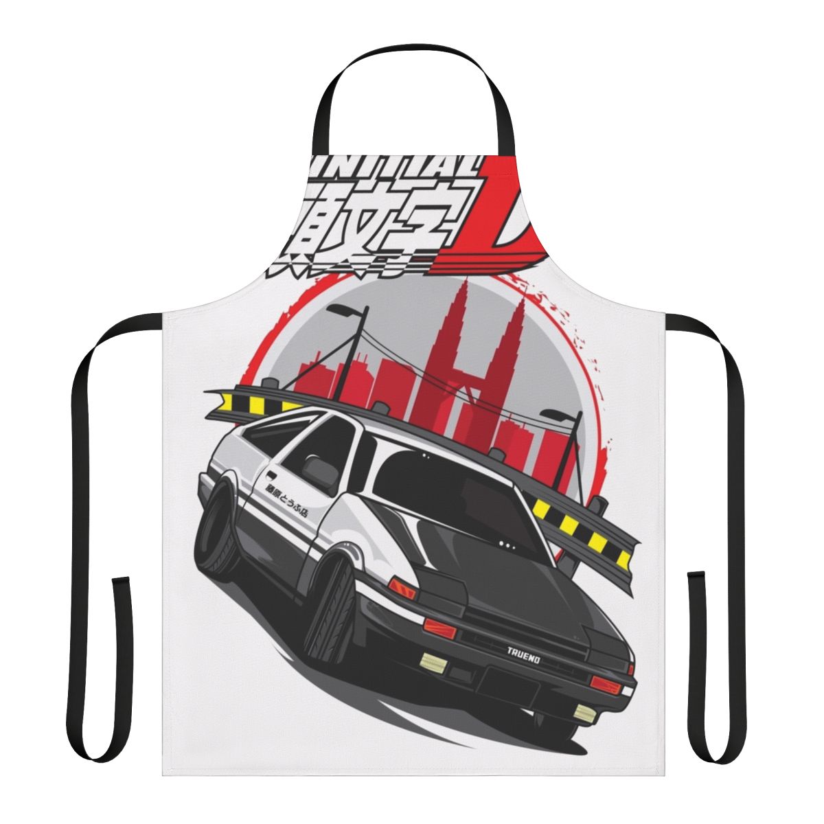 Stylish black apron featuring the iconic Toyota Corolla Levin AE86 "Hachiroku" from the anime Initial D