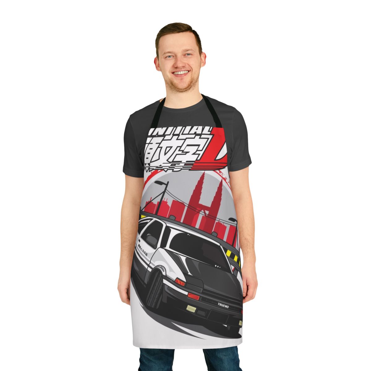 Stylish black apron featuring the iconic Toyota Corolla Levin AE86 "Hachiroku" from the anime Initial D