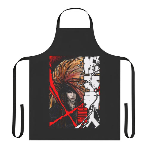 An apron featuring the iconic red X logo and member of the Japanese rock band X Japan.