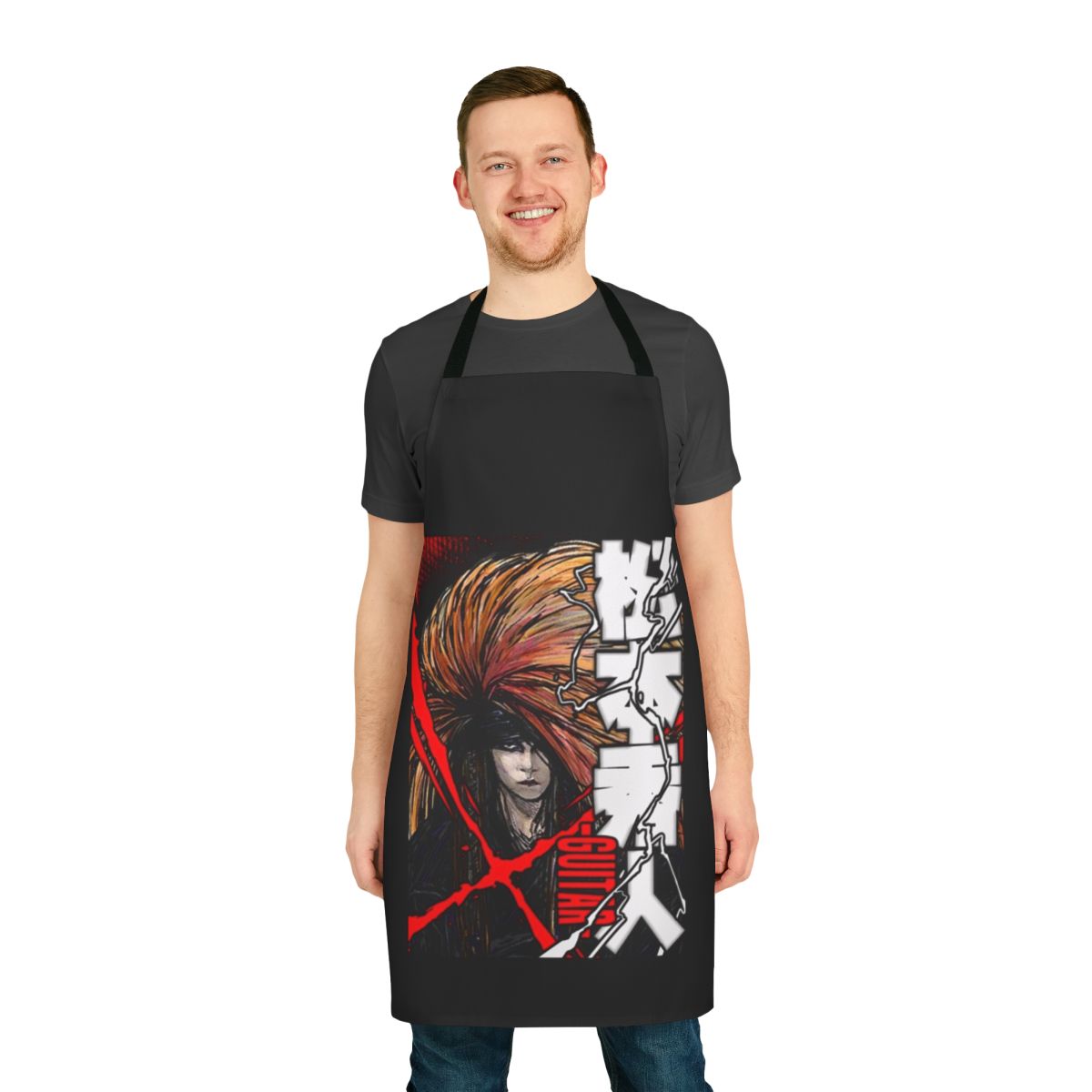 An apron featuring the iconic red X logo and member of the Japanese rock band X Japan.
