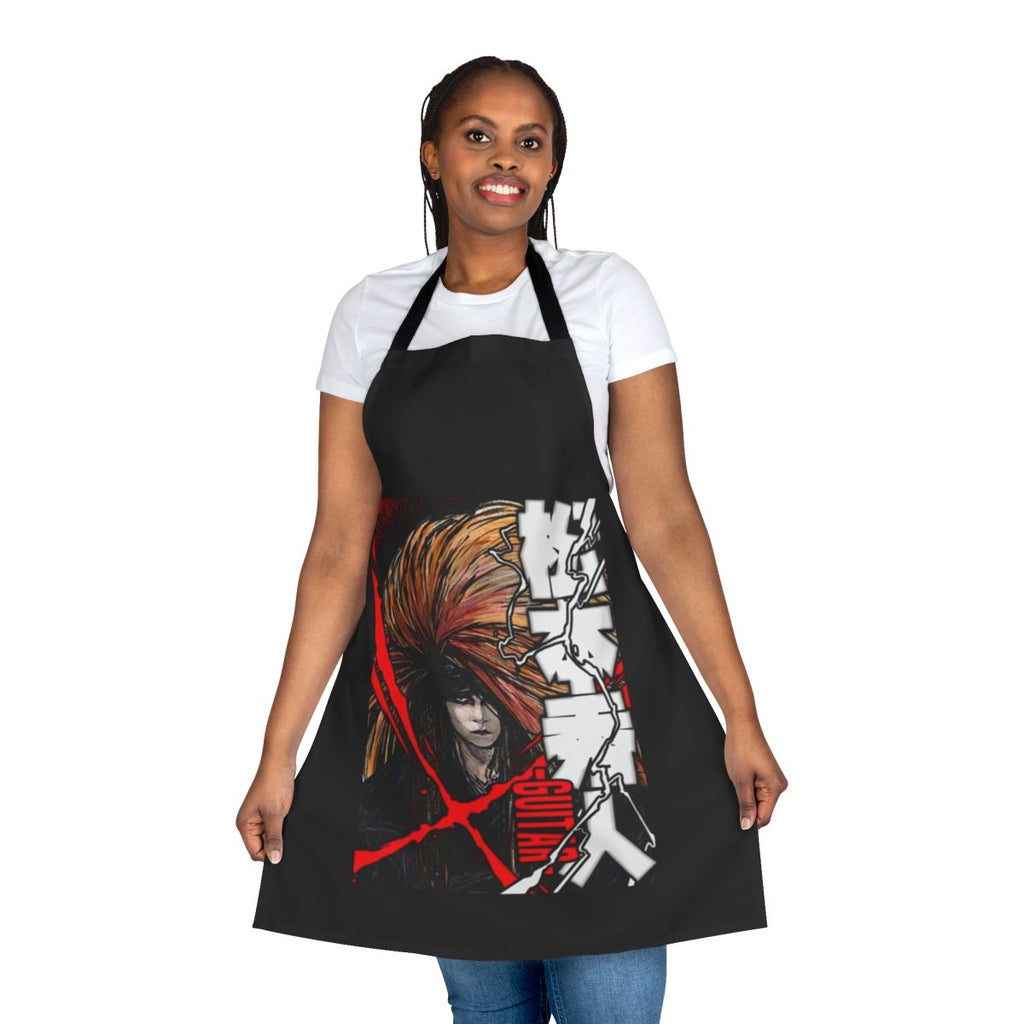 An apron featuring the iconic red X logo and member of the Japanese rock band X Japan.