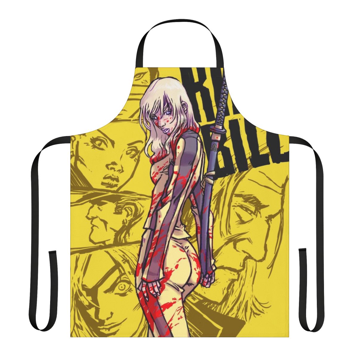 Anime-inspired assassin-themed kitchen apron featuring characters and designs from the Kill Bill film series