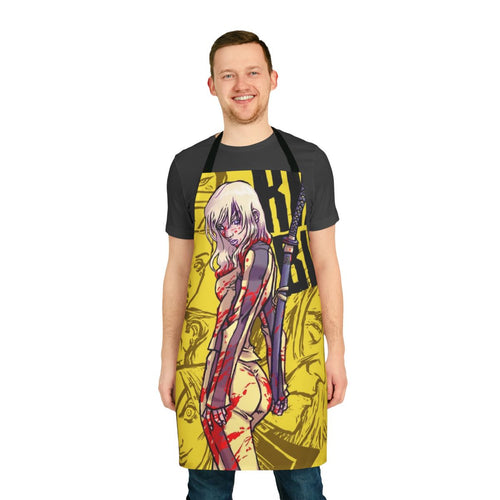 Anime-inspired assassin-themed kitchen apron featuring characters and designs from the Kill Bill film series