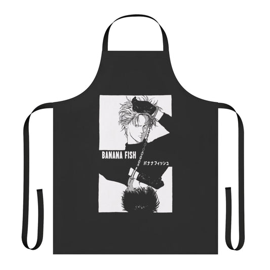 Banana Fish-themed black and white apron with chain design