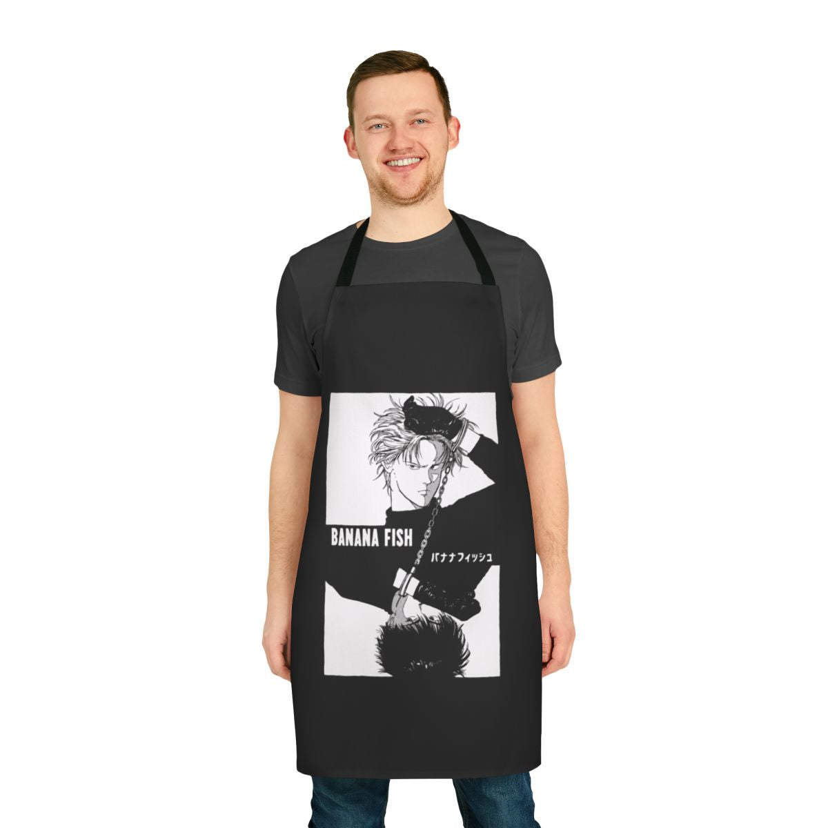 Banana Fish-themed black and white apron with chain design