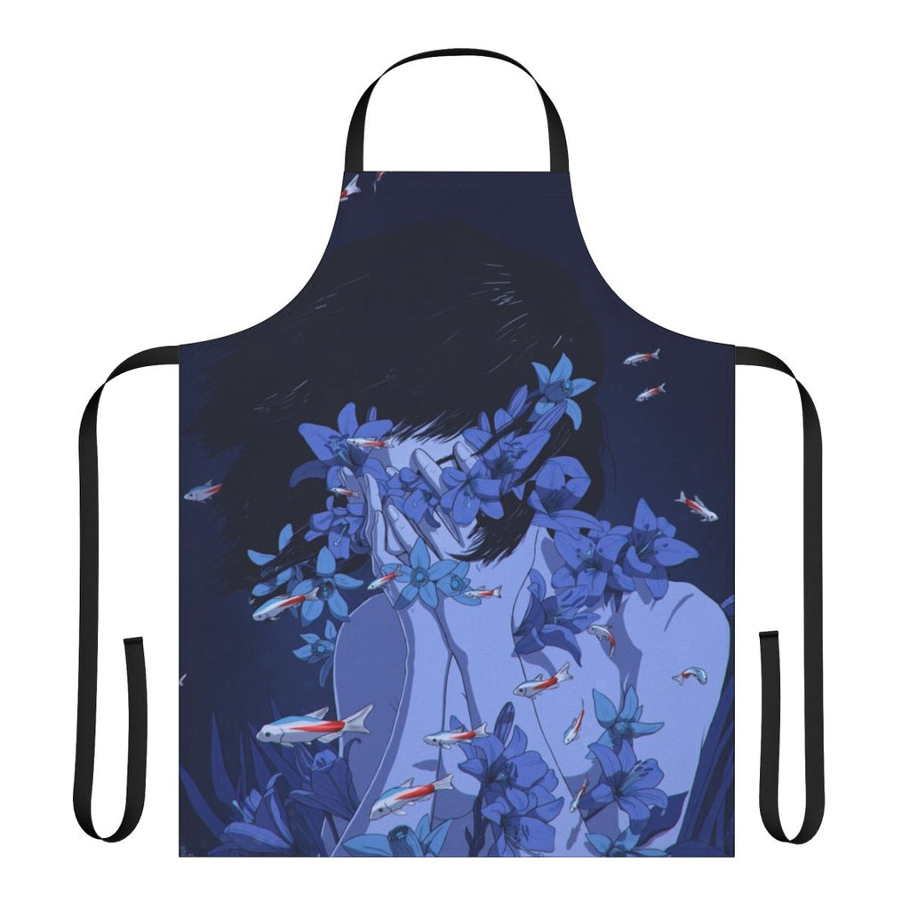 A stylish and functional blue apron with a "Perfect Blue" anime-inspired design, featuring fish, flowers, and water motifs.