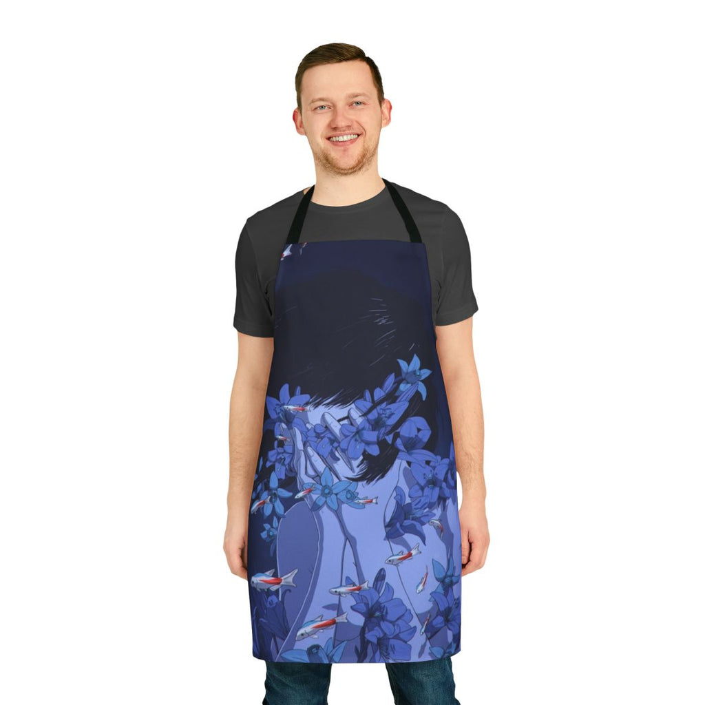 A stylish and functional blue apron with a "Perfect Blue" anime-inspired design, featuring fish, flowers, and water motifs.
