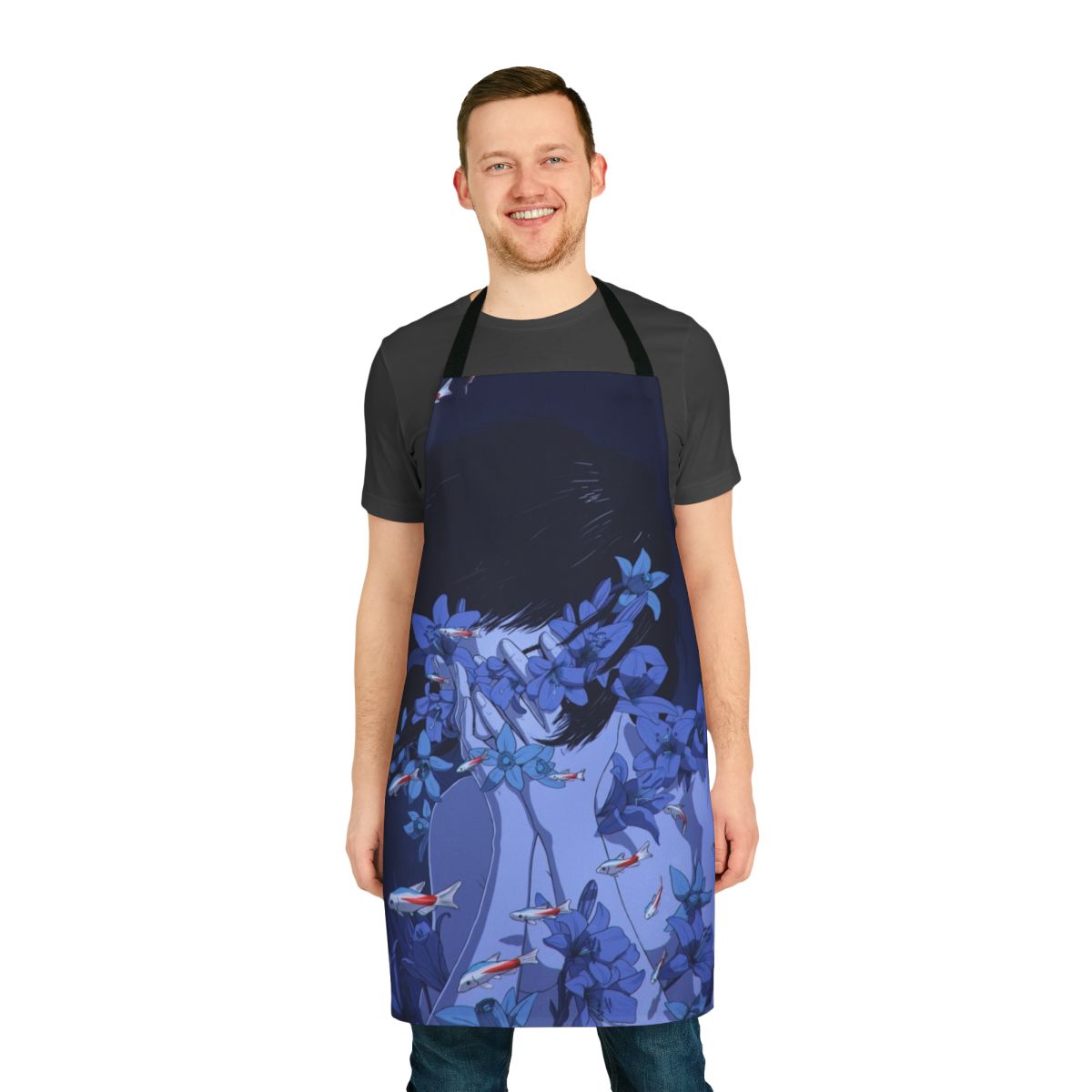 A stylish and functional blue apron with a "Perfect Blue" anime-inspired design, featuring fish, flowers, and water motifs.