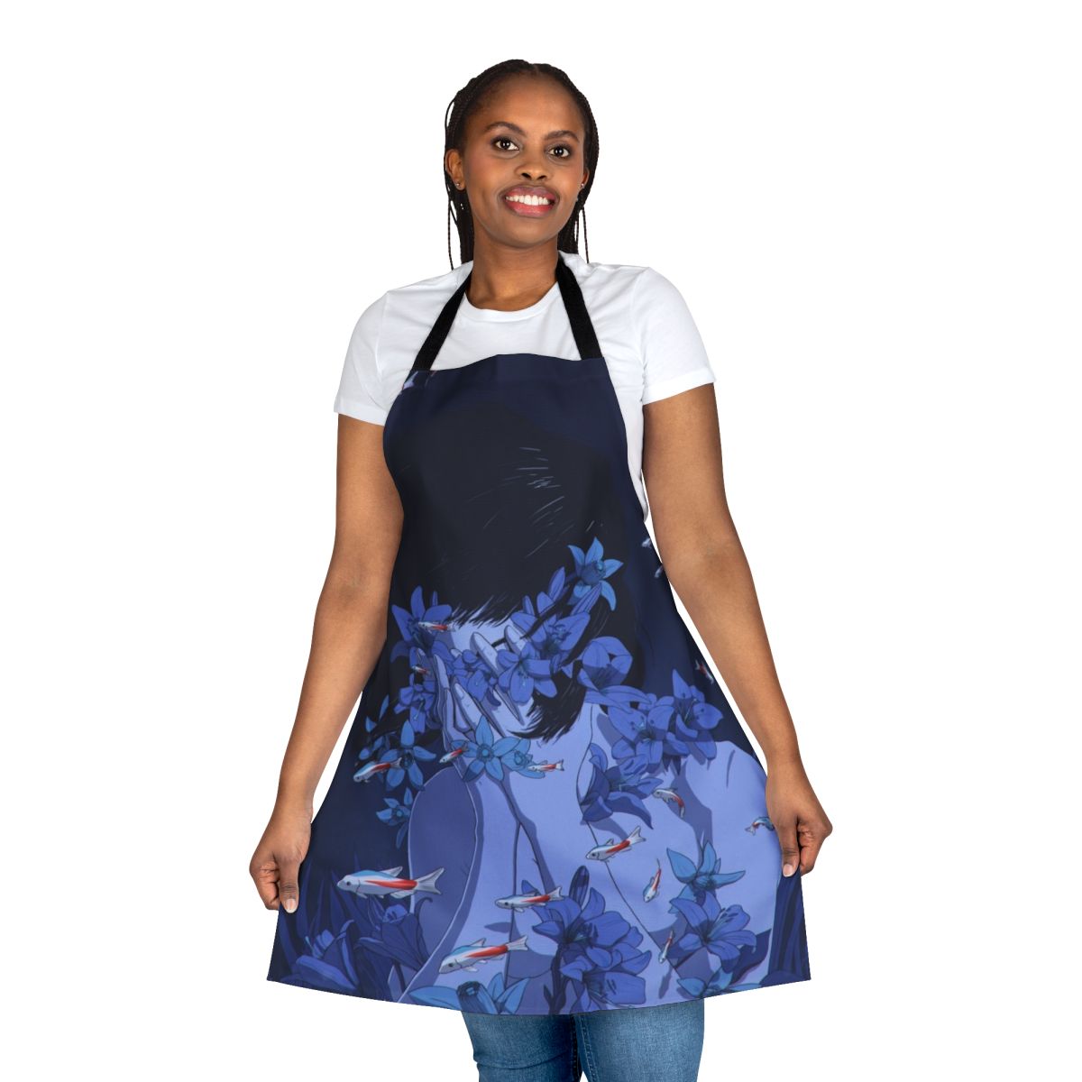 A stylish and functional blue apron with a "Perfect Blue" anime-inspired design, featuring fish, flowers, and water motifs.