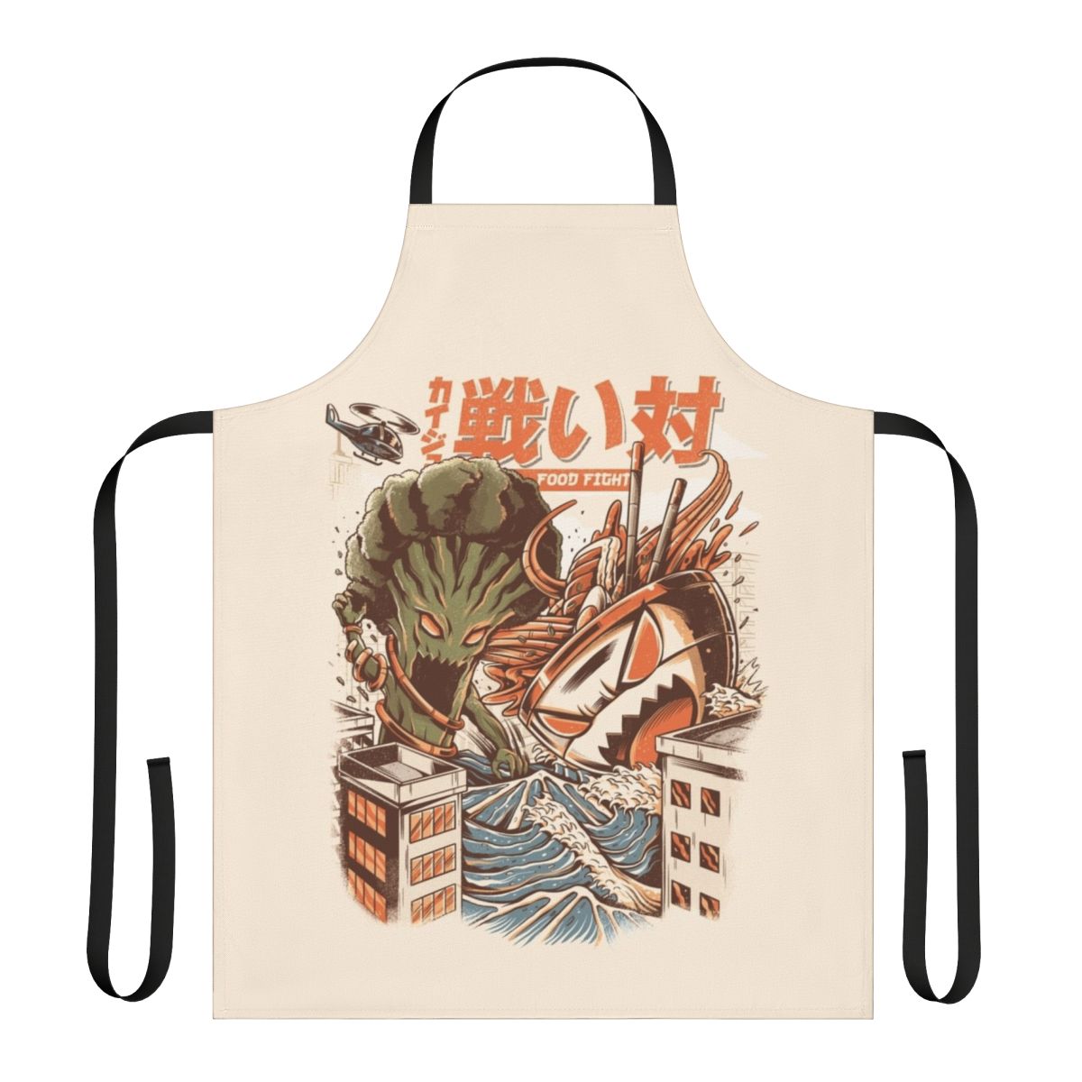 Vibrant anime-style illustration of broccoli and ramen noodle monsters fighting on a blue background, printed on a high-quality apron.