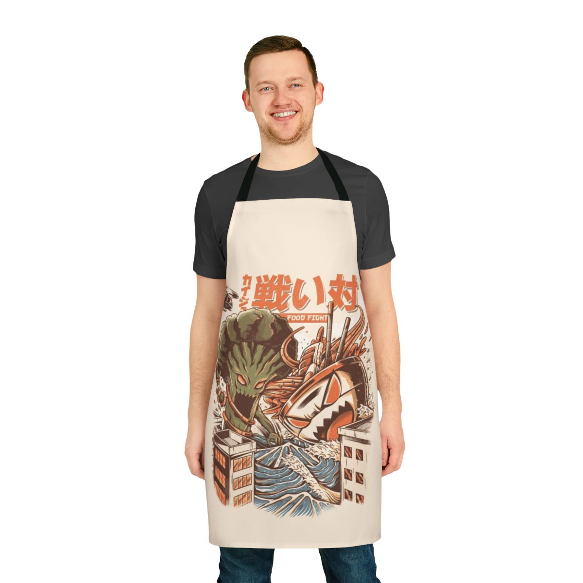 Vibrant anime-style illustration of broccoli and ramen noodle monsters fighting on a blue background, printed on a high-quality apron.
