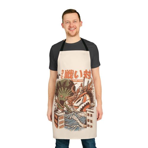 Vibrant anime-style illustration of broccoli and ramen noodle monsters fighting on a blue background, printed on a high-quality apron.