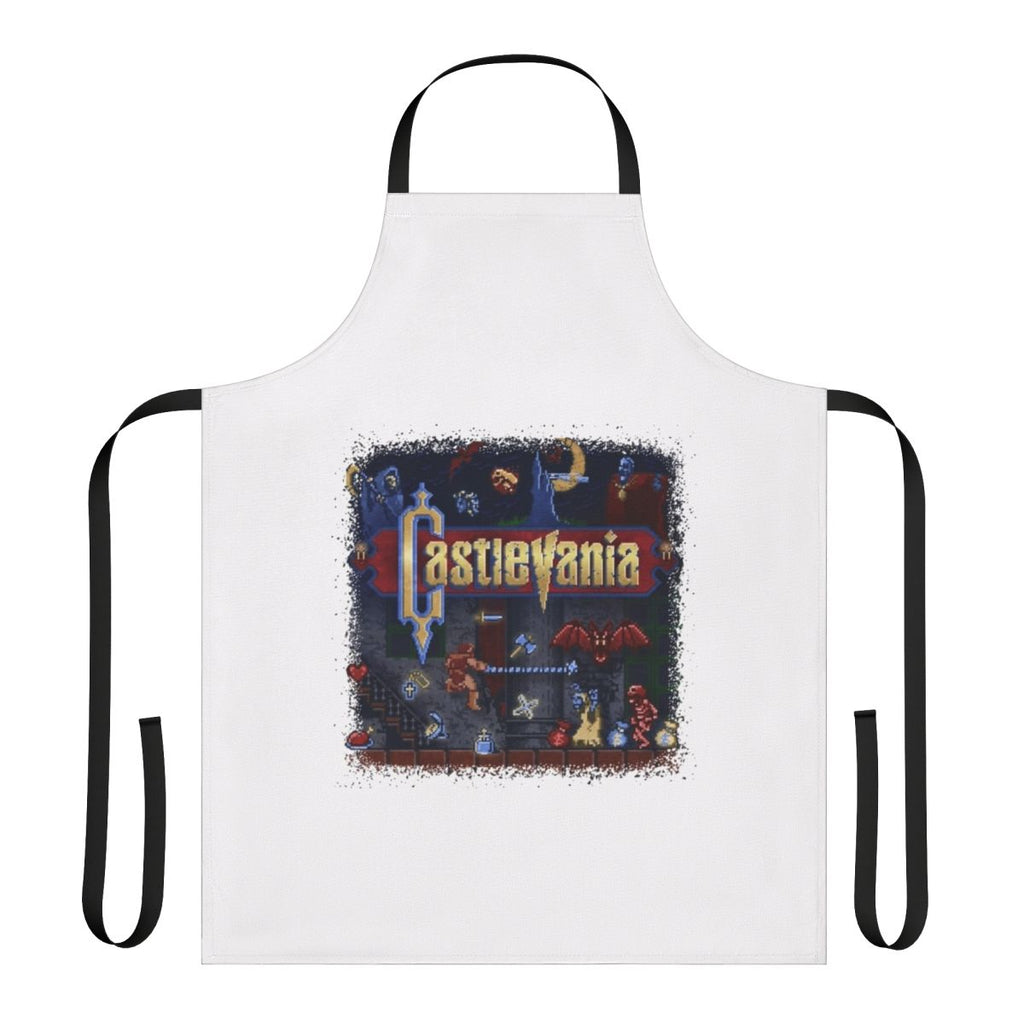 Anime-style Castlevania-themed apron with retro pixel art graphics and iconic characters