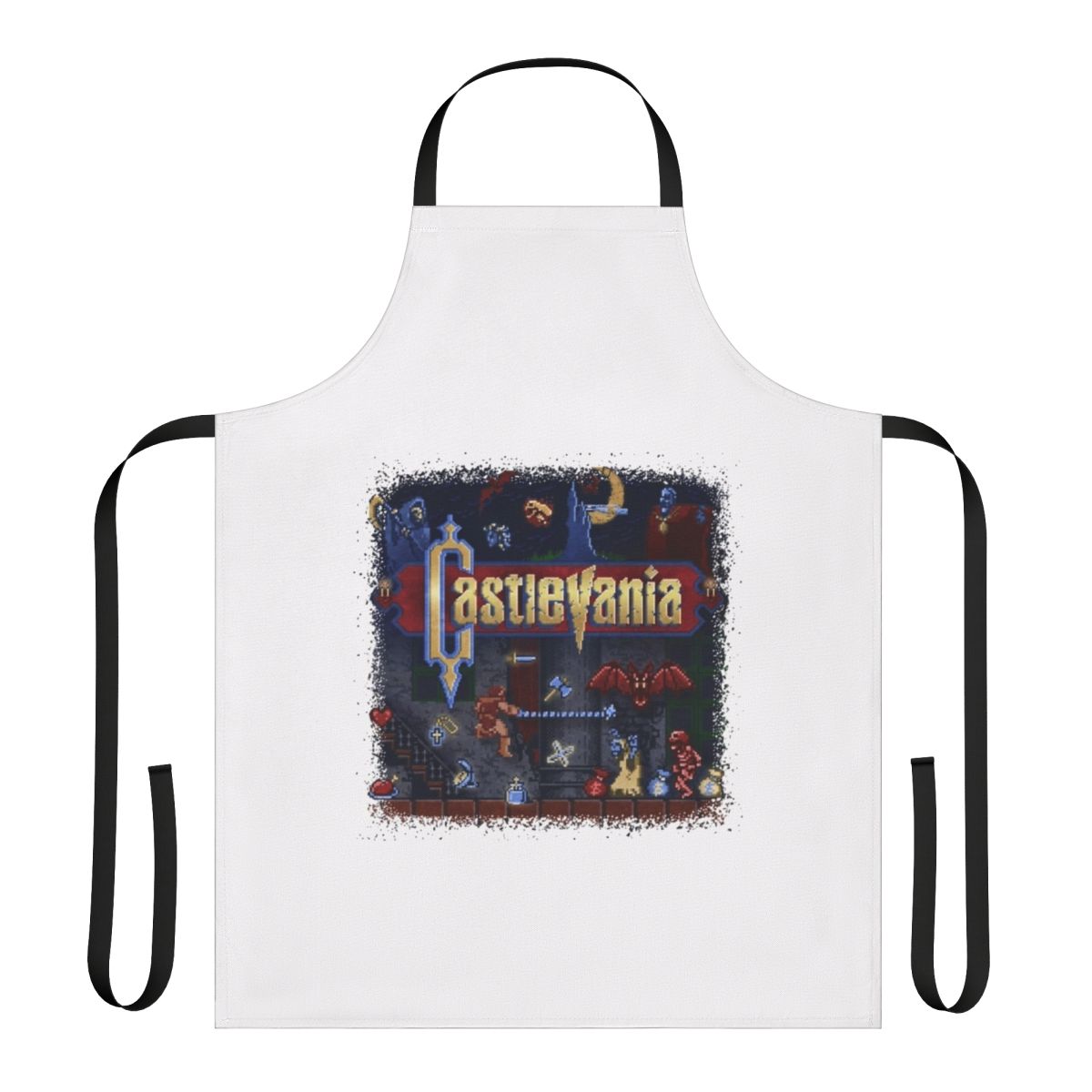 Anime-style Castlevania-themed apron with retro pixel art graphics and iconic characters