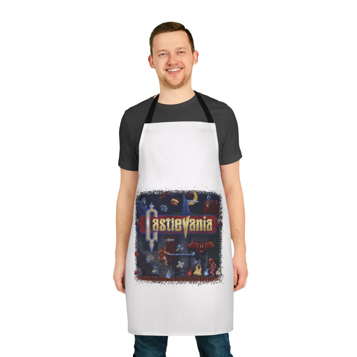 Anime-style Castlevania-themed apron with retro pixel art graphics and iconic characters