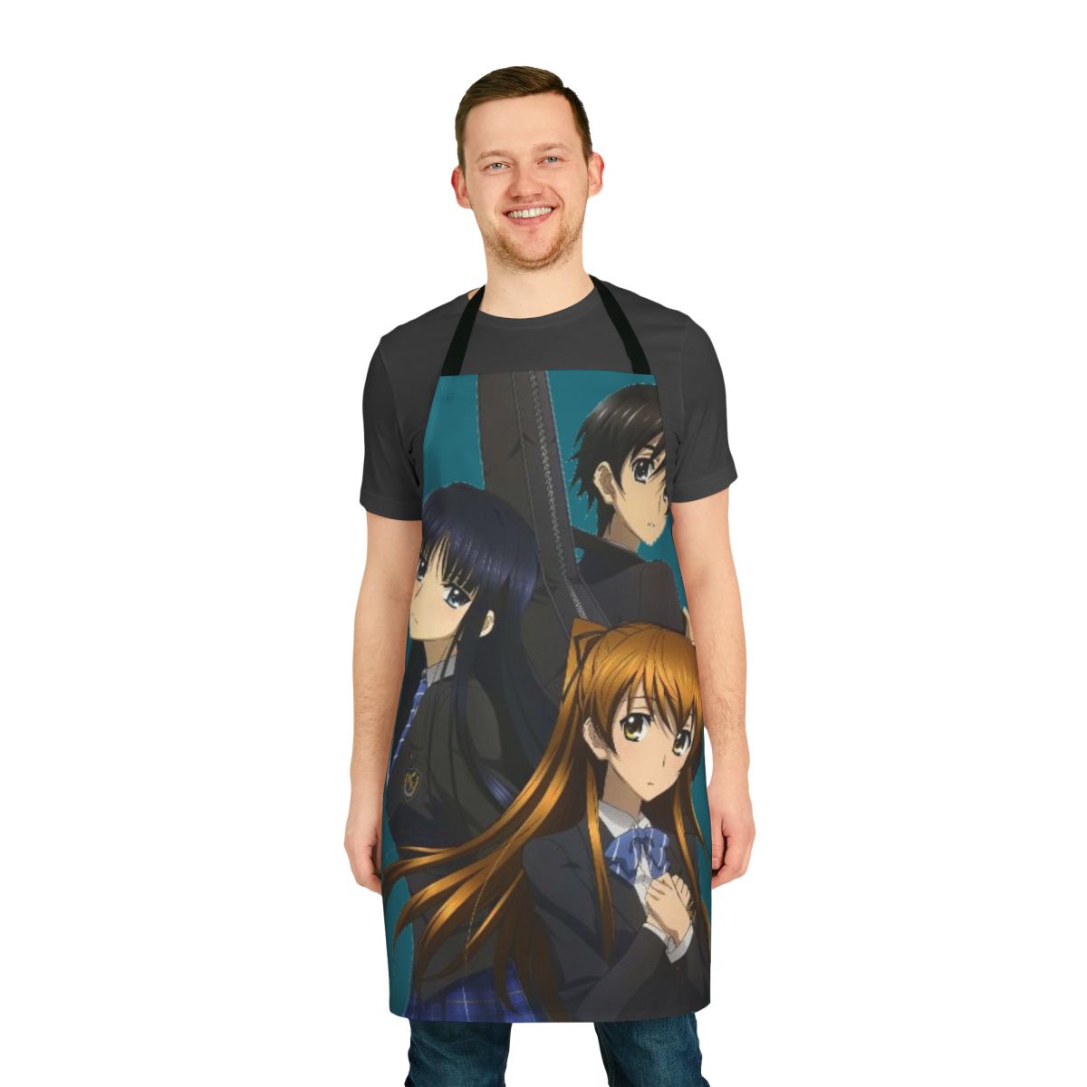 Stylish apron featuring beloved anime characters in a white album-inspired design