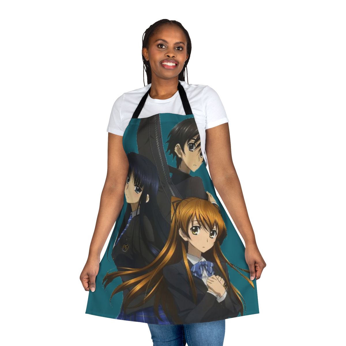 Stylish apron featuring beloved anime characters in a white album-inspired design