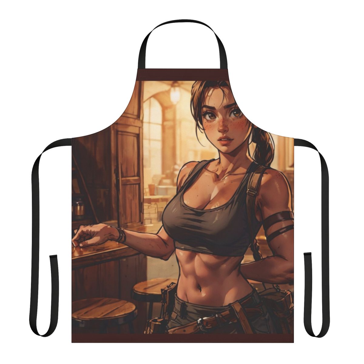 Young female character in a coffee shop apron, inspired by the Tomb Raider franchise