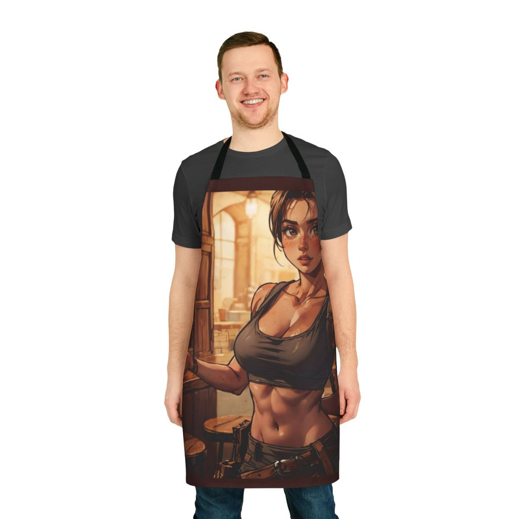 Young female character in a coffee shop apron, inspired by the Tomb Raider franchise