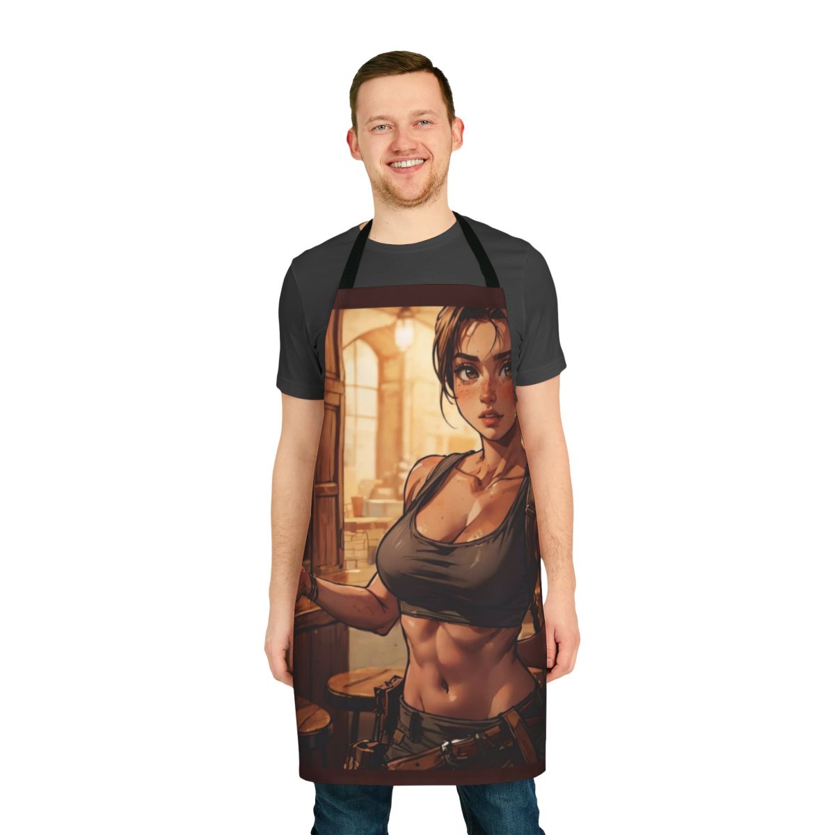 Young female character in a coffee shop apron, inspired by the Tomb Raider franchise
