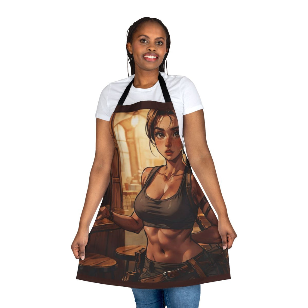Young female character in a coffee shop apron, inspired by the Tomb Raider franchise