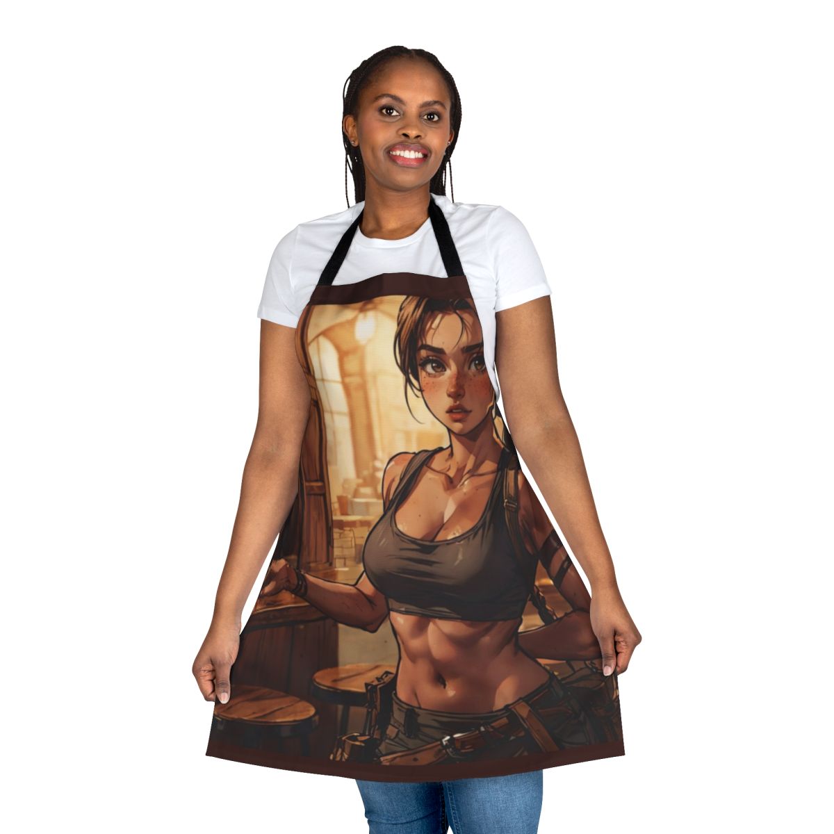 Young female character in a coffee shop apron, inspired by the Tomb Raider franchise