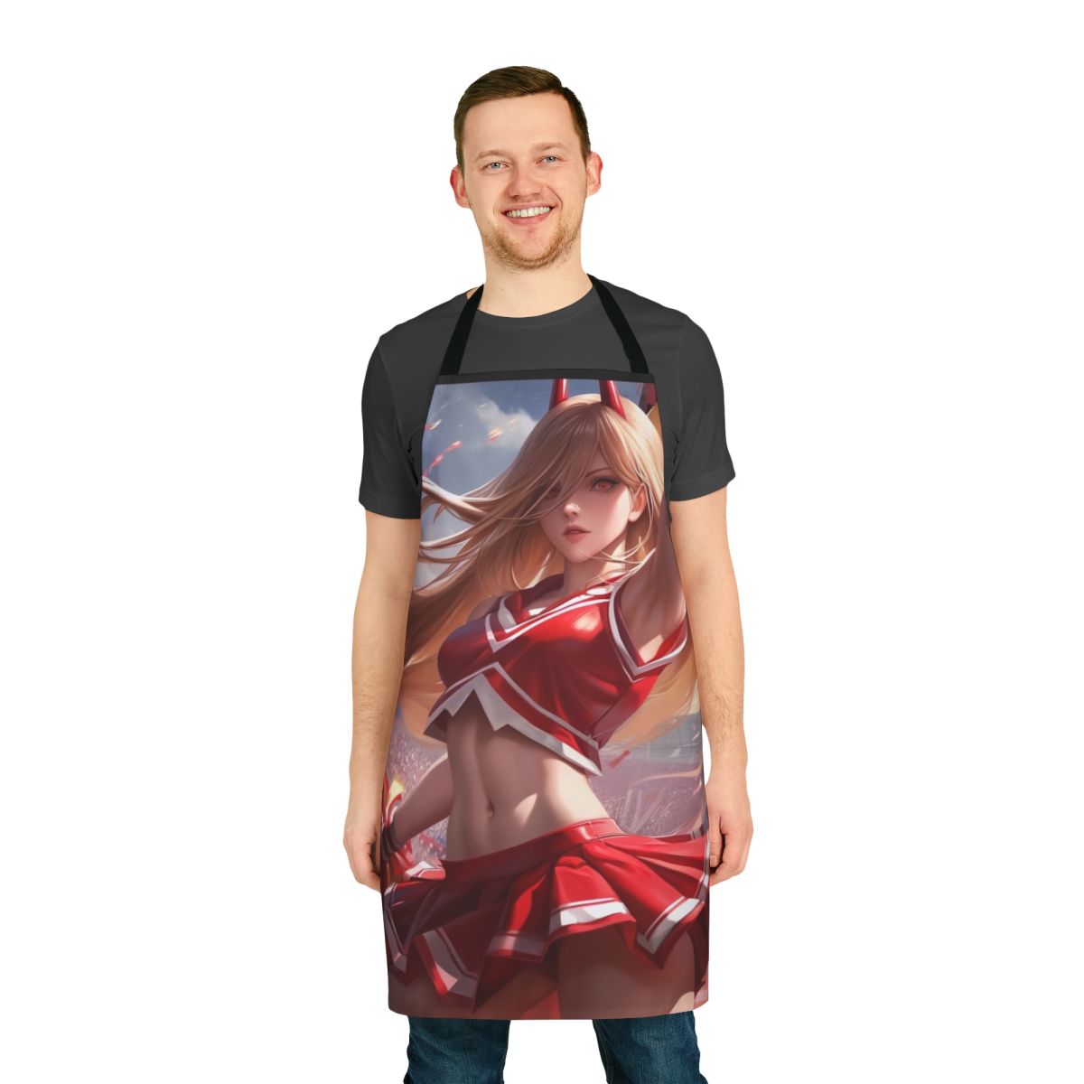 Anime-style illustration of a cheerleader wearing a sexy, playful apron