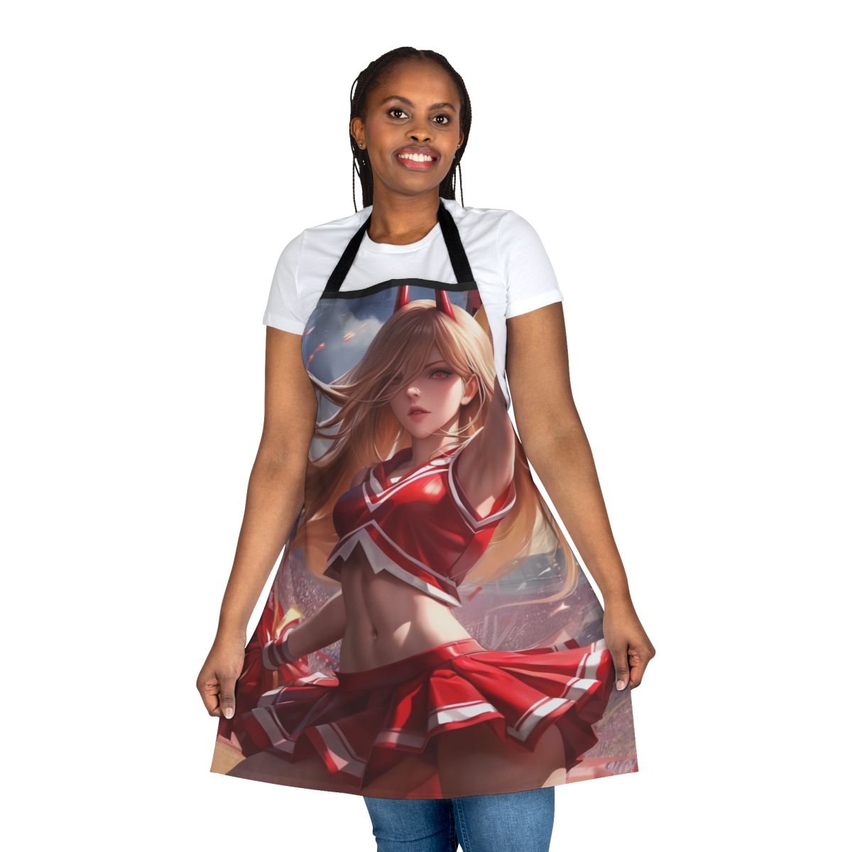 Anime-style illustration of a cheerleader wearing a sexy, playful apron