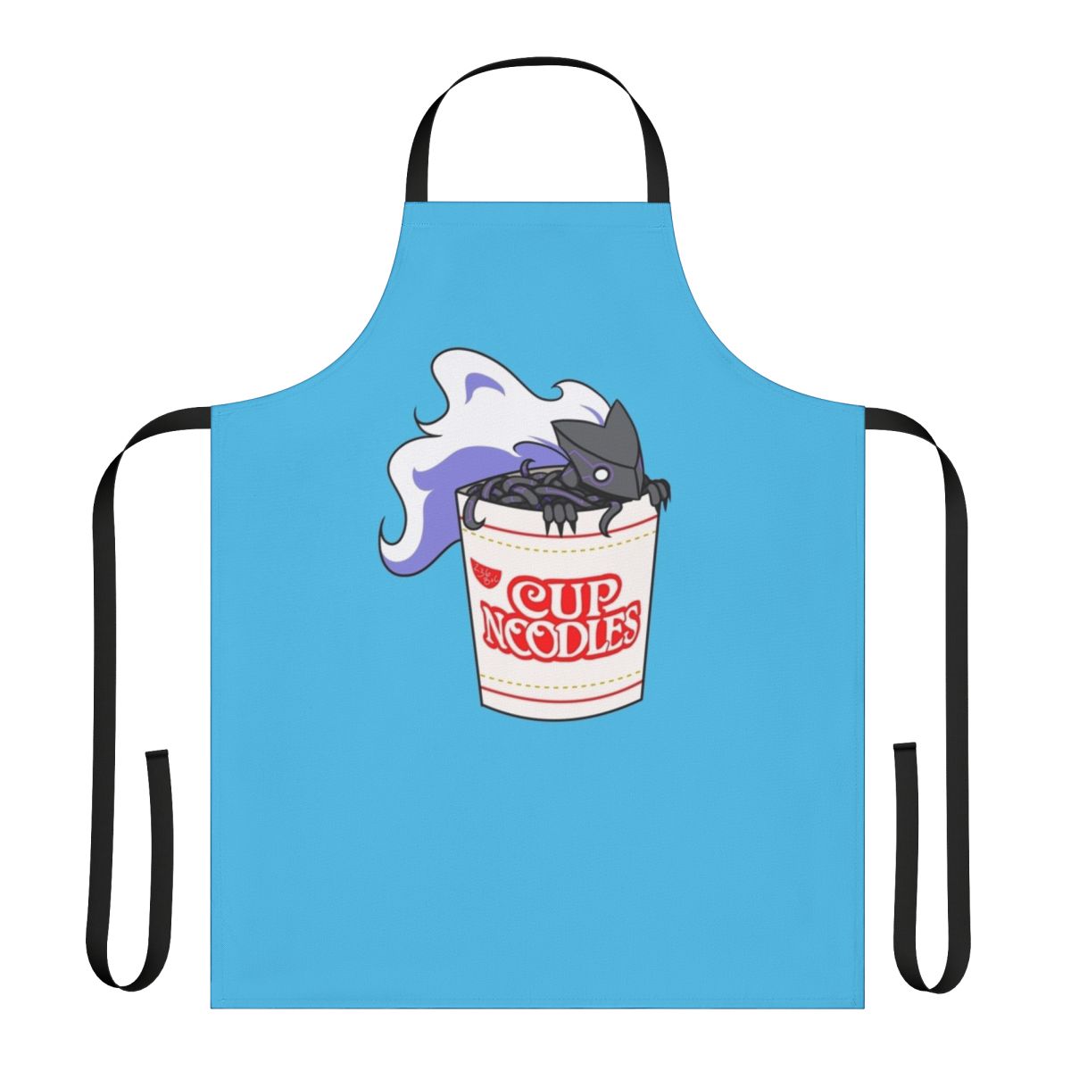A black apron with a cup noodle design, perfect for fans of fighting games like Under Night In-Birth and BlazBlue Cross Tag Battle.
