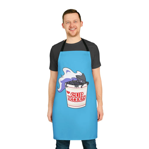 A black apron with a cup noodle design, perfect for fans of fighting games like Under Night In-Birth and BlazBlue Cross Tag Battle.
