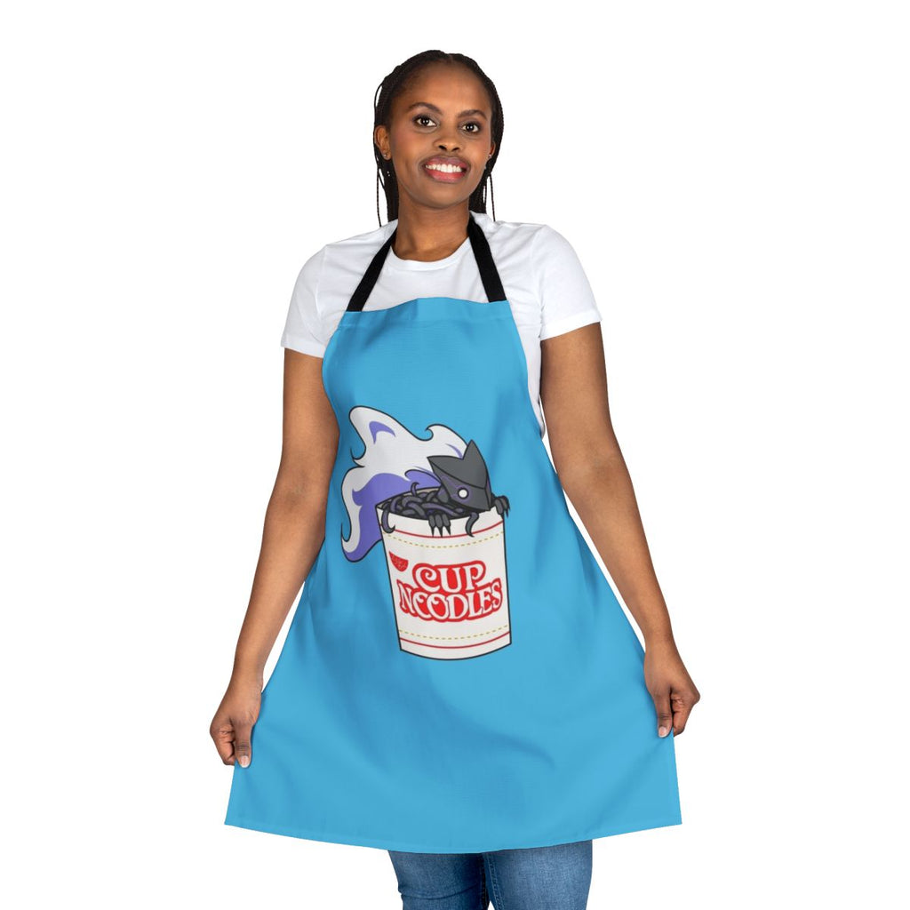 A black apron with a cup noodle design, perfect for fans of fighting games like Under Night In-Birth and BlazBlue Cross Tag Battle.