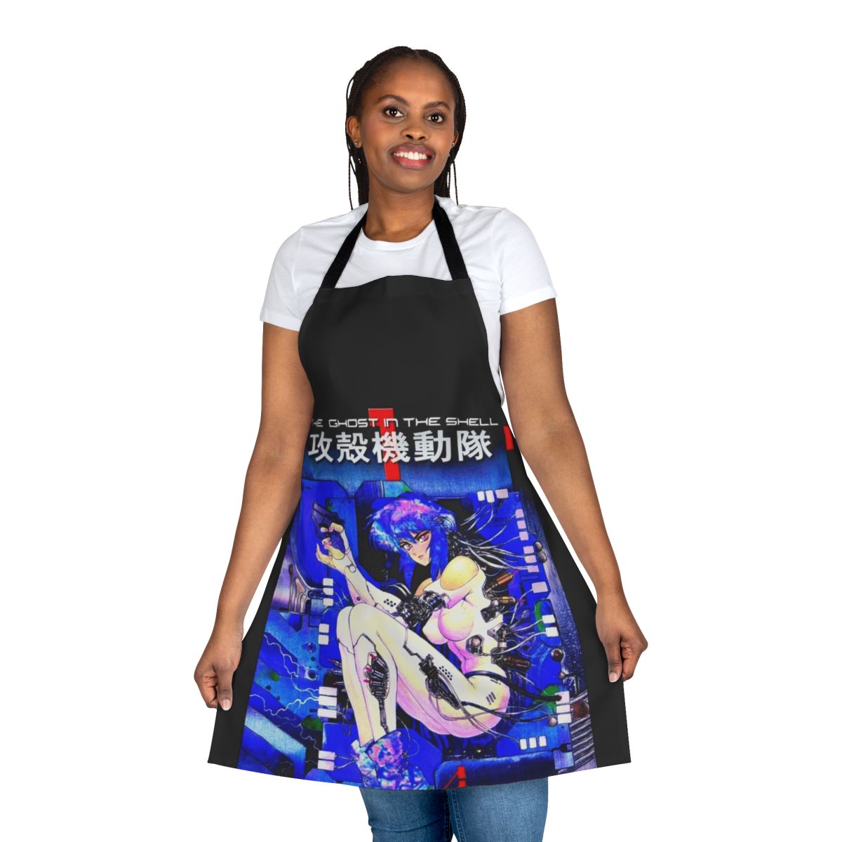 Anime-themed cyberpunk apron with a minimalist Ghost in the Shell design