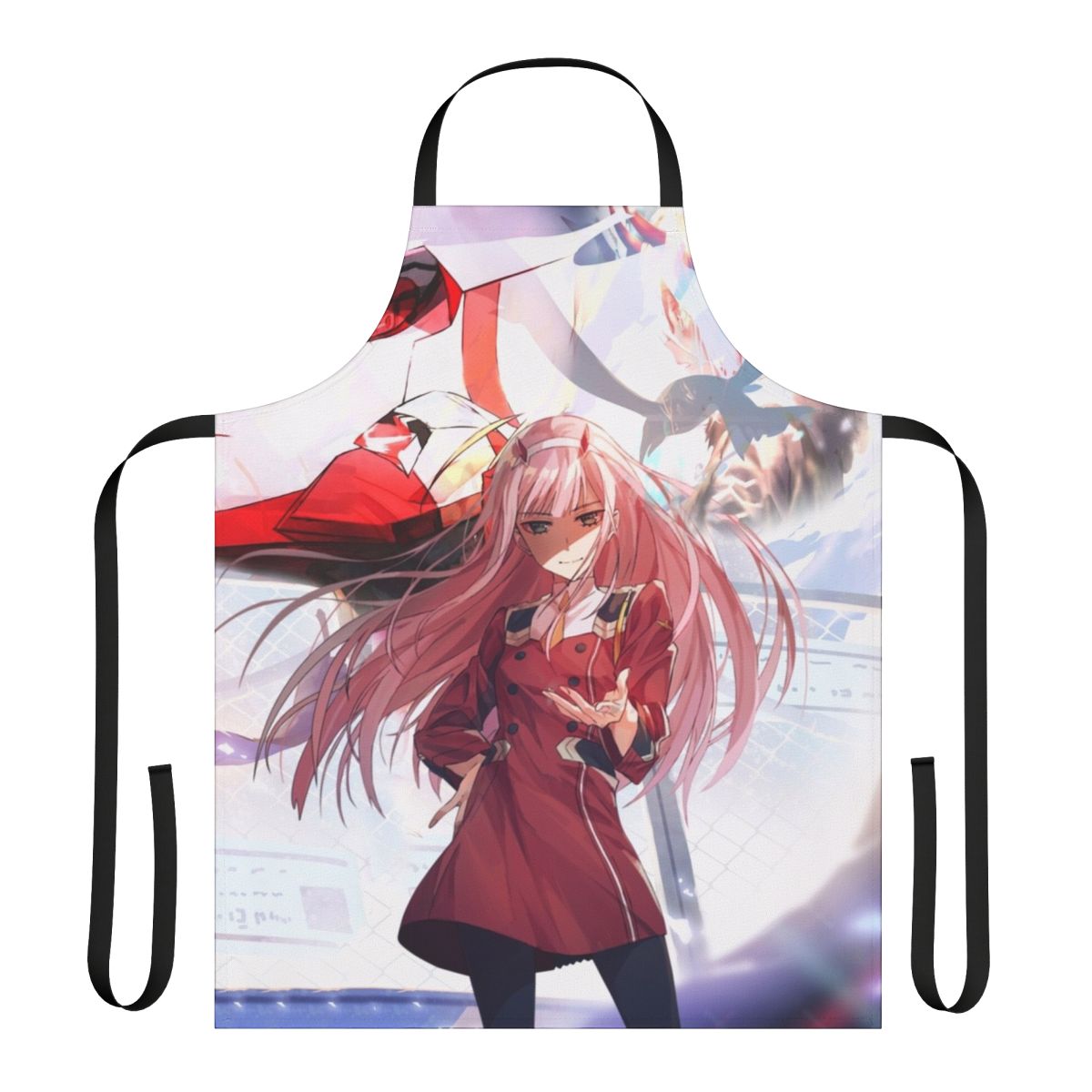 Anime-themed Darling in the Franxx apron featuring Zero Two and mecha designs