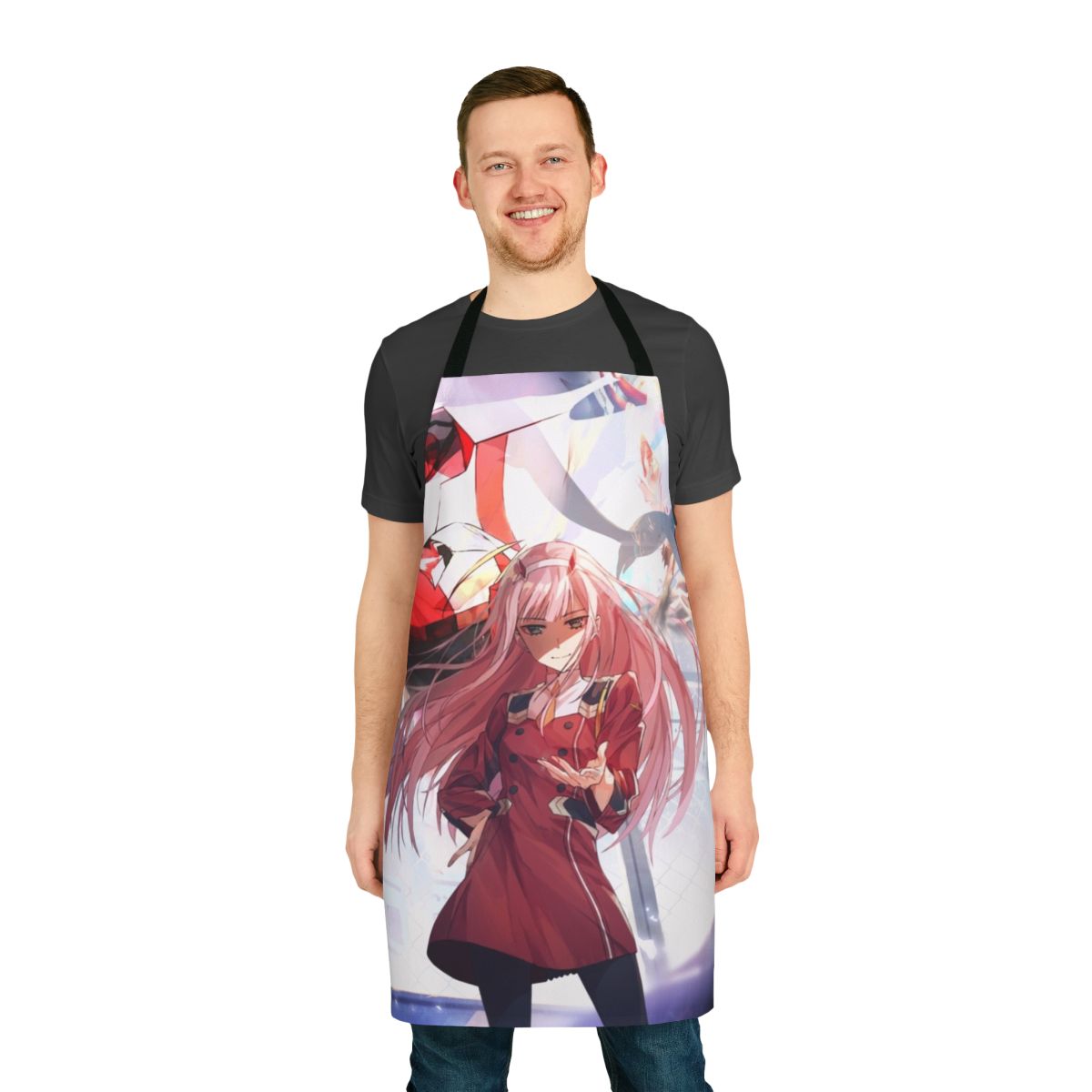 Anime-themed Darling in the Franxx apron featuring Zero Two and mecha designs