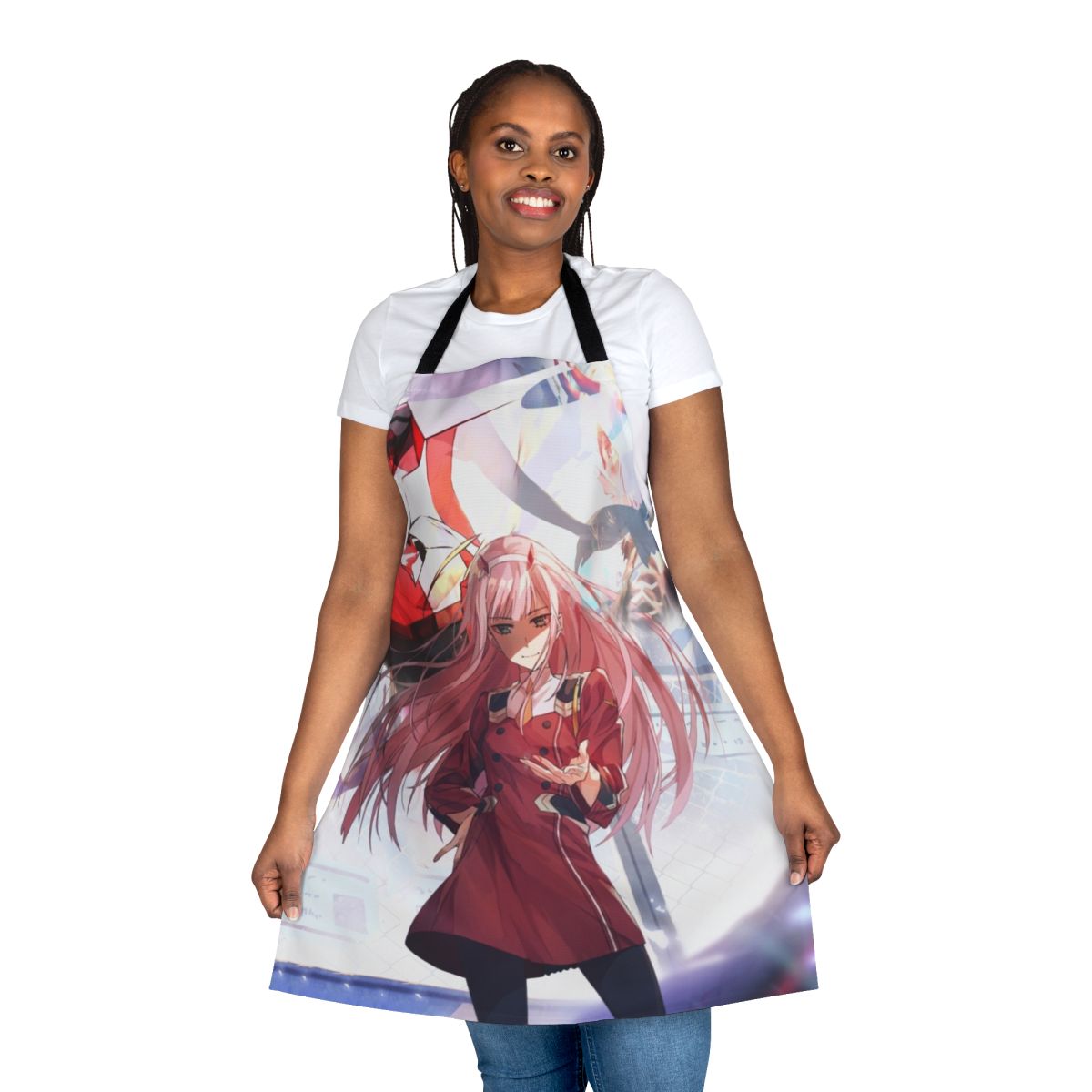 Anime-themed Darling in the Franxx apron featuring Zero Two and mecha designs