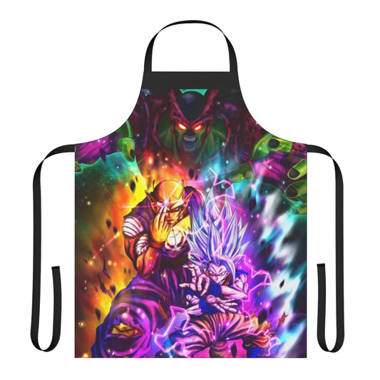An anime-inspired apron featuring characters from the Dragon Ball series, including Gohan, Piccolo, and Cell.