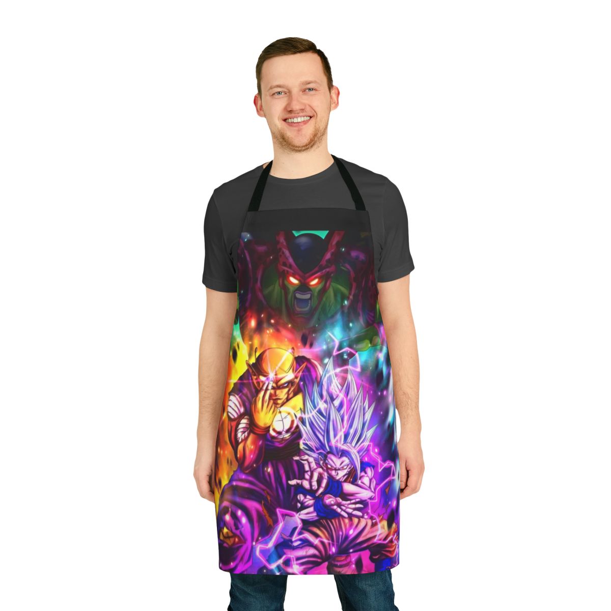 An anime-inspired apron featuring characters from the Dragon Ball series, including Gohan, Piccolo, and Cell.