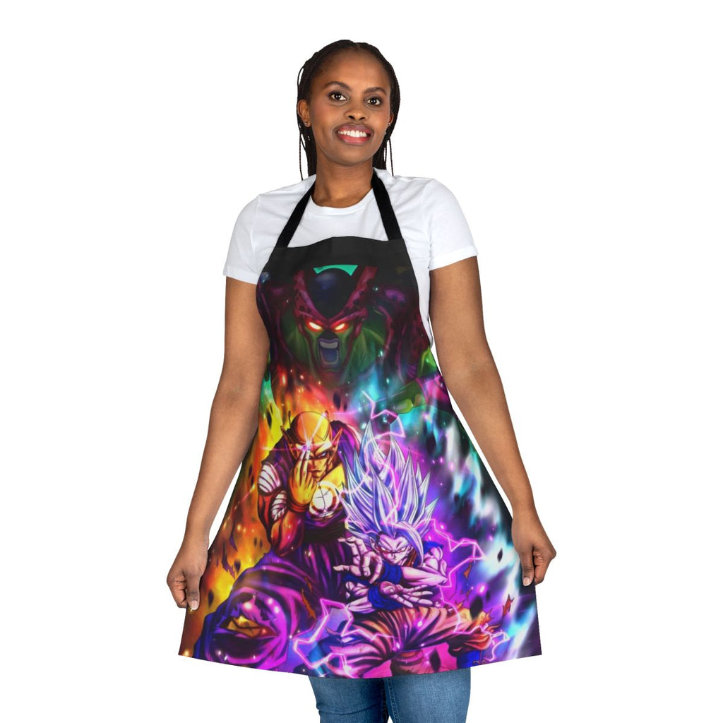An anime-inspired apron featuring characters from the Dragon Ball series, including Gohan, Piccolo, and Cell.
