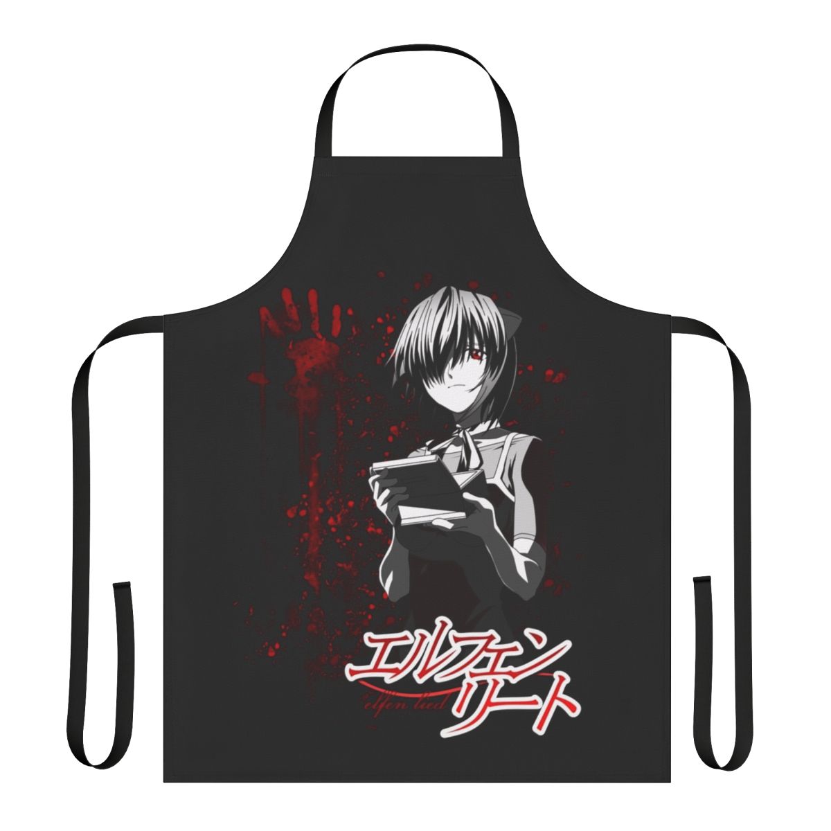 Anime-themed Elfen Lied apron featuring characters and bloody imagery