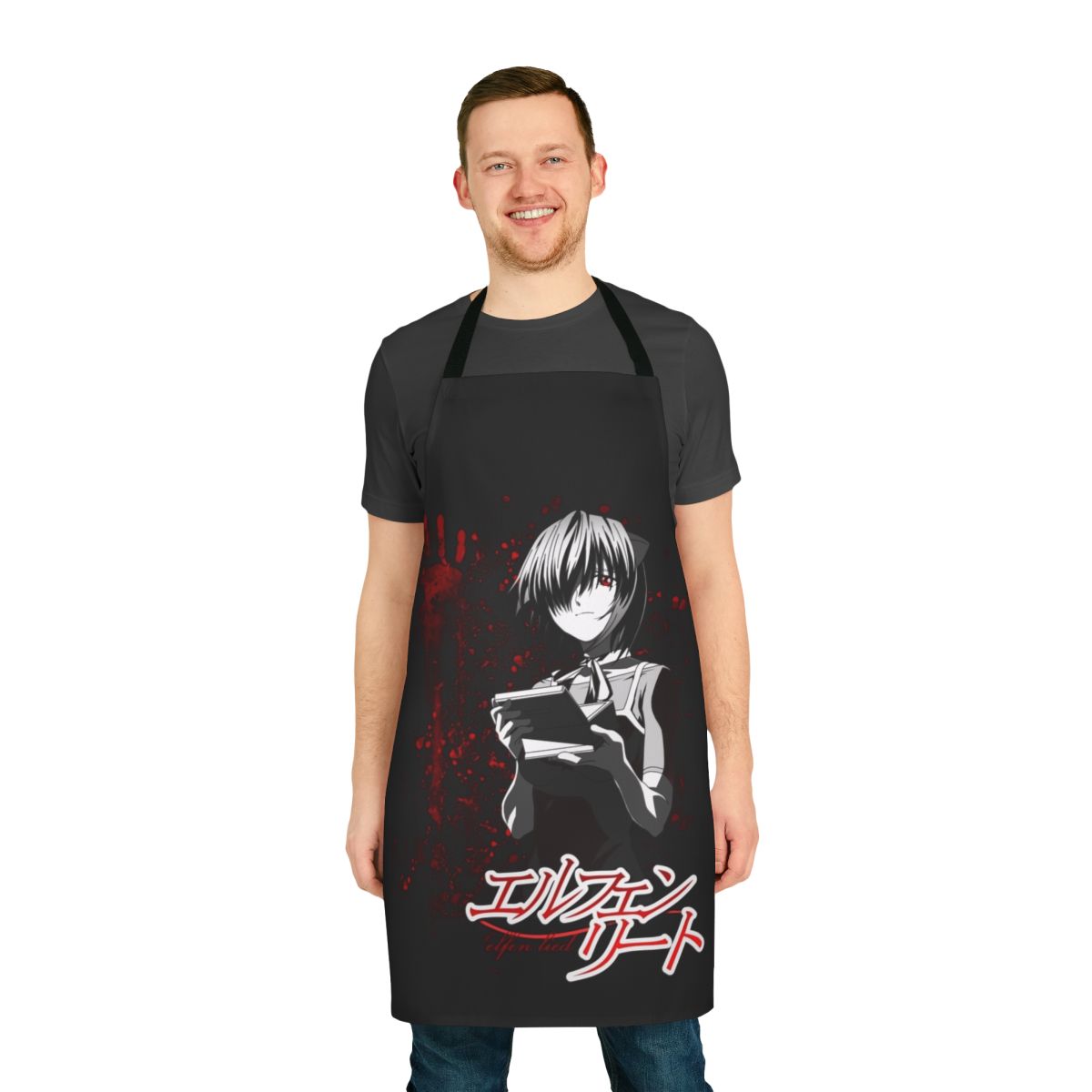Anime-themed Elfen Lied apron featuring characters and bloody imagery