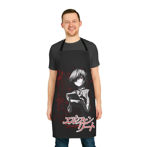 Anime-themed Elfen Lied apron featuring characters and bloody imagery