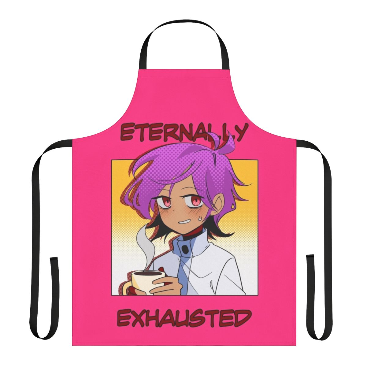 Anime-style "Eternally Exhausted" apron with coffee and webtoon-inspired design