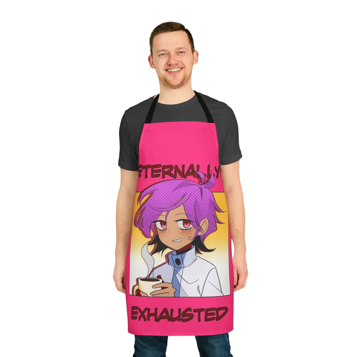 Anime-style "Eternally Exhausted" apron with coffee and webtoon-inspired design