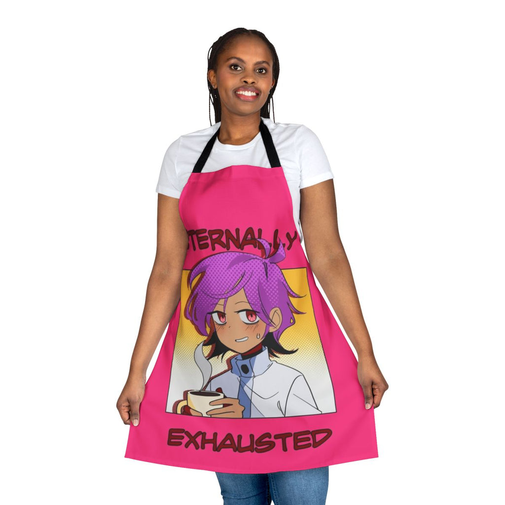 Anime-style "Eternally Exhausted" apron with coffee and webtoon-inspired design