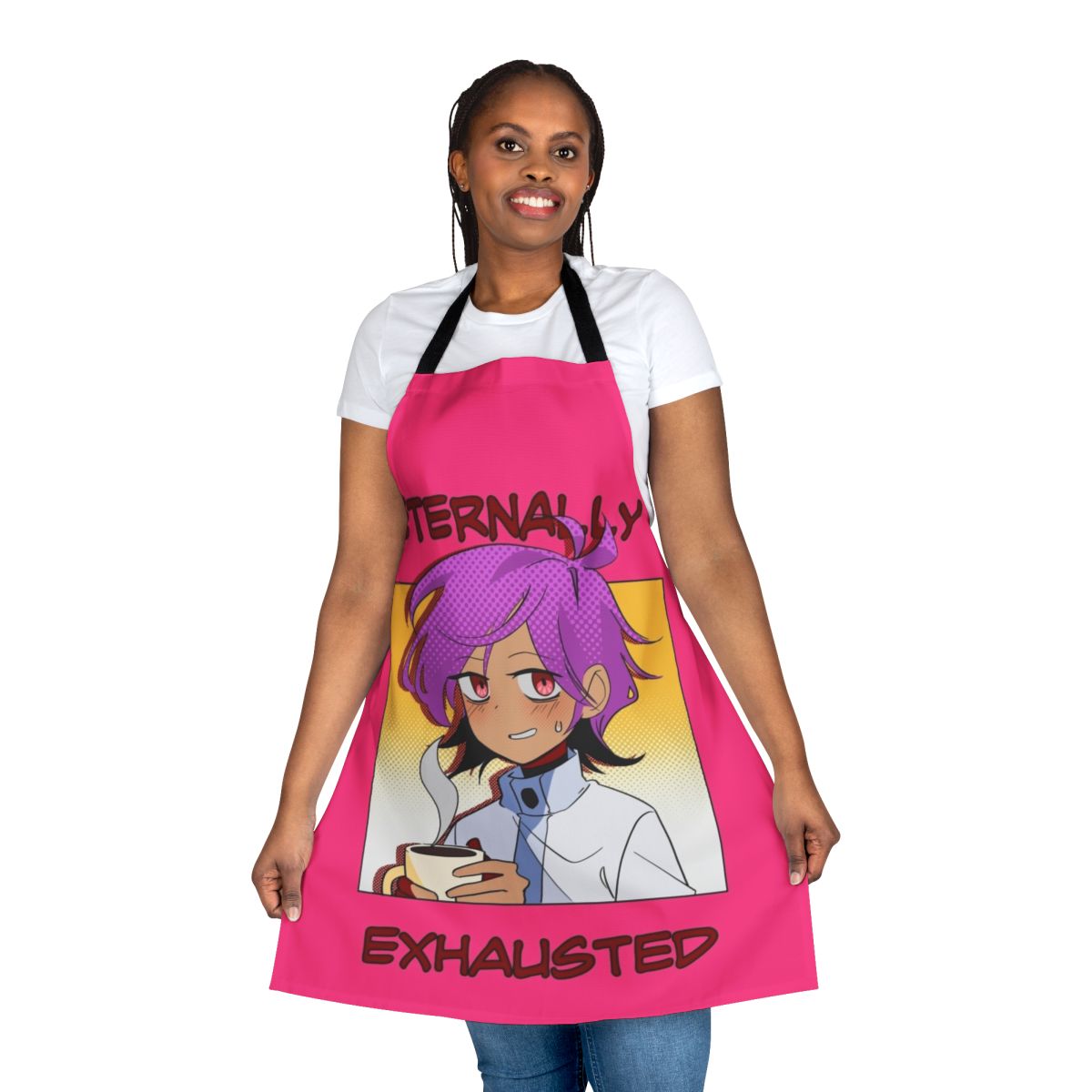 Anime-style "Eternally Exhausted" apron with coffee and webtoon-inspired design