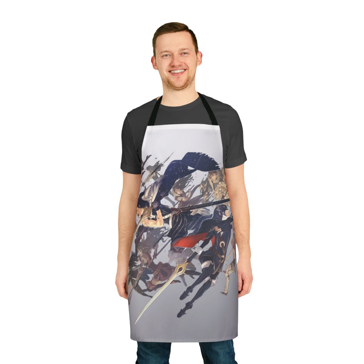 Anime-style apron design featuring characters and artwork from the Fire Emblem video game series.