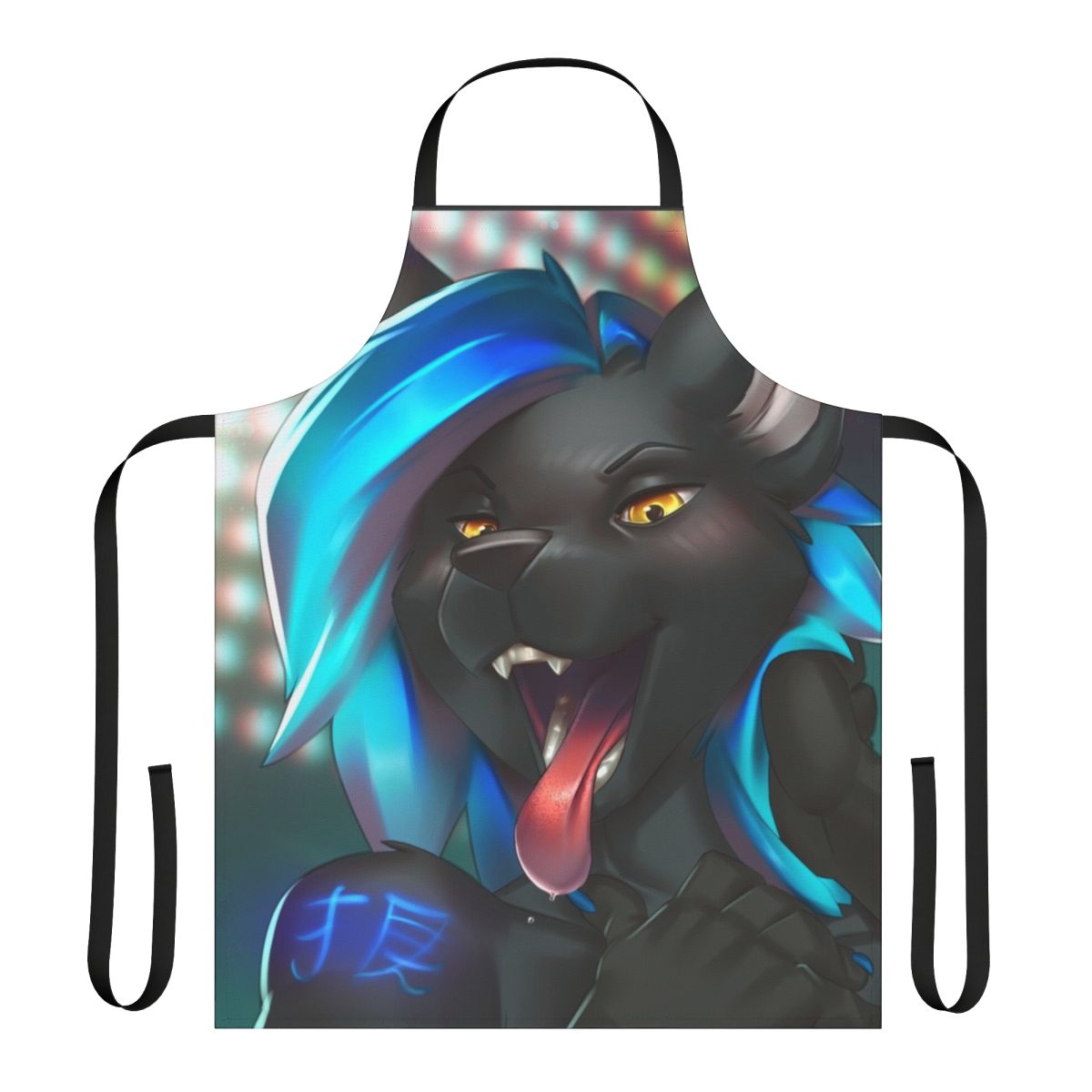 Anime-style apron featuring a blue-tongued furry character